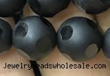 CAA2462 15.5 inches 14mm carved round matte black agate beads
