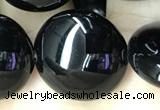 CAA2532 15.5 inches 25mm flat round black agate beads wholesale