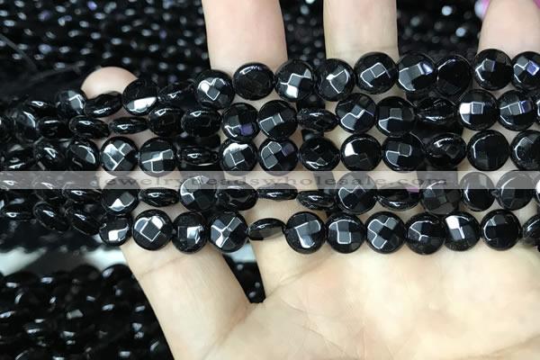 CAA2579 15.5 inches 8mm faceted coin black agate beads wholesale