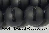 CAA3653 15.5 inches 12mm round matte & carved black agate beads