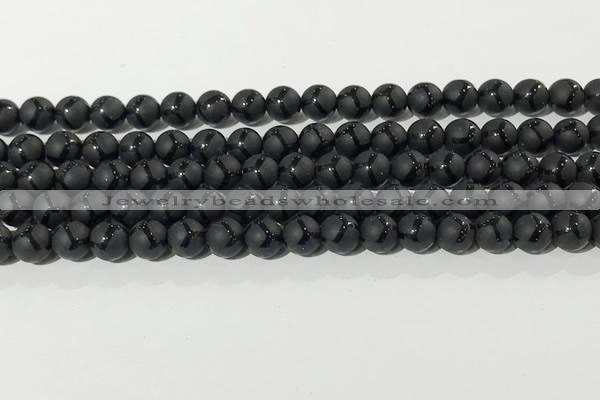 CAA3655 15.5 inches 6mm round matte & carved black agate beads