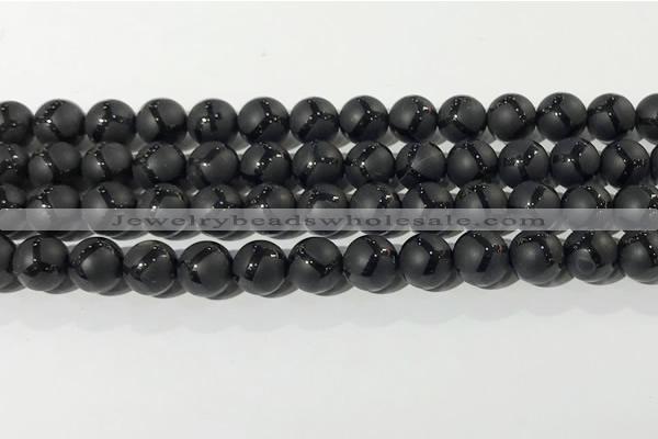 CAA3656 15.5 inches 8mm round matte & carved black agate beads