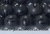 CAA3661 15.5 inches 8mm round matte & carved black agate beads