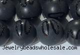 CAA3662 15.5 inches 10mm round matte & carved black agate beads