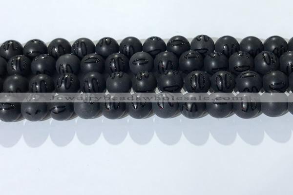 CAA3662 15.5 inches 10mm round matte & carved black agate beads