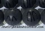 CAA3663 15.5 inches 12mm round matte & carved black agate beads