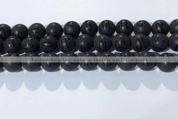 CAA3663 15.5 inches 12mm round matte & carved black agate beads