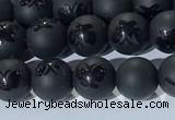 CAA3665 15.5 inches 6mm round matte & carved black agate beads