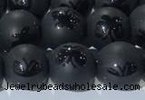 CAA3666 15.5 inches 8mm round matte & carved black agate beads