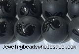 CAA3667 15.5 inches 10mm round matte & carved black agate beads
