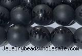 CAA3670 15.5 inches 6mm round matte & carved black agate beads