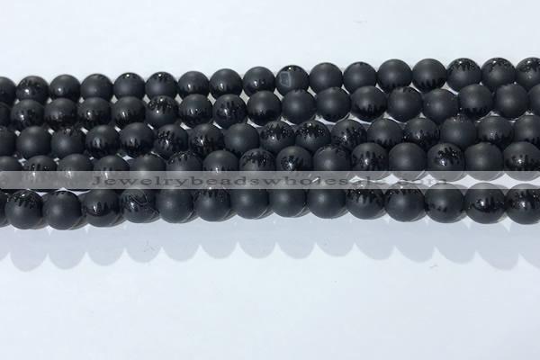 CAA3670 15.5 inches 6mm round matte & carved black agate beads