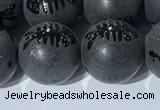 CAA3673 15.5 inches 12mm round matte & carved black agate beads