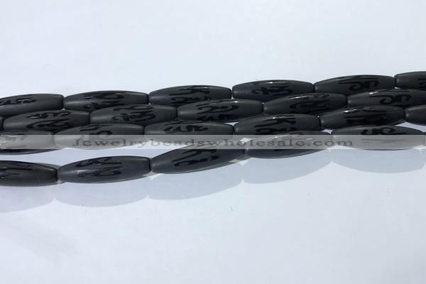 CAA3681 15.5 inches 8*30mm rice matte & carved black agate beads