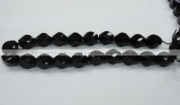 CAB337 15.5 inches 15*20mm faceted & twisted rice black agate beads
