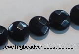 CAB810 15.5 inches 14mm faceted coin black gemstone agate beads