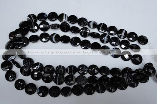 CAG3073 15.5 inches 14mm faceted coin black line agate beads