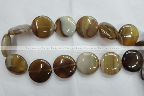 CAG3175 15.5 inches 30mm flat round brown line agate beads