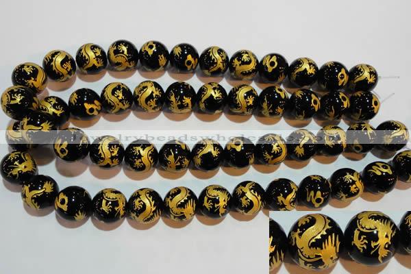 CAG3383 15.5 inches 16mm carved round black agate beads wholesale