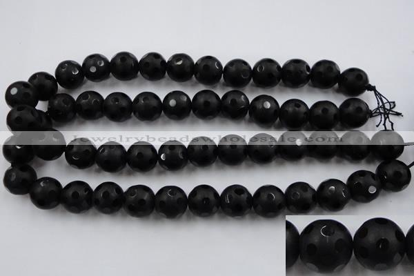 CAG3675 15.5 inches 16mm carved round matte black agate beads