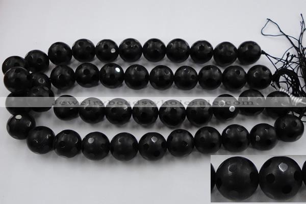 CAG3676 15.5 inches 18mm carved round matte black agate beads