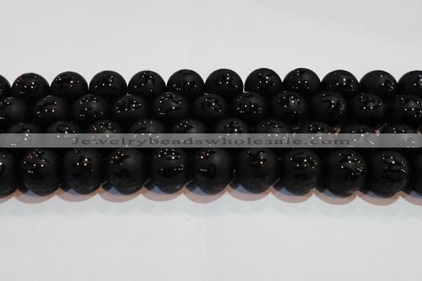 CAG6006 15.5 inches 16mm carved round matte black agate beads