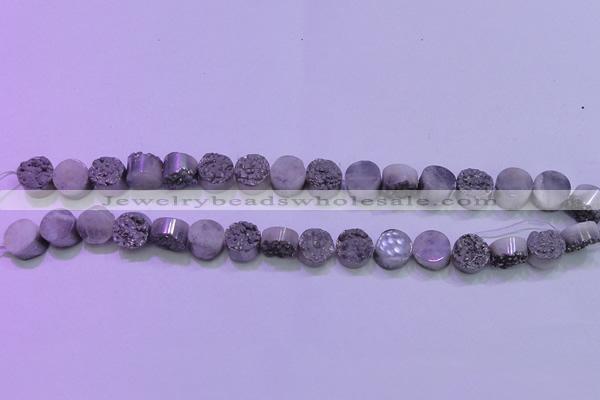 CAG8342 7.5 inches 12mm coin silver plated druzy agate beads