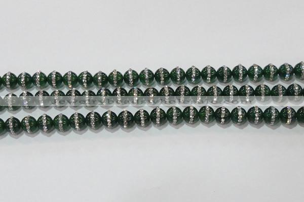 CAG8620 15.5 inches 8mm round green agate with rhinestone beads
