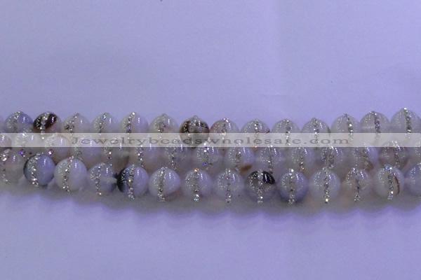 CAG8778 15.5 inches 12mm round agate with rhinestone beads