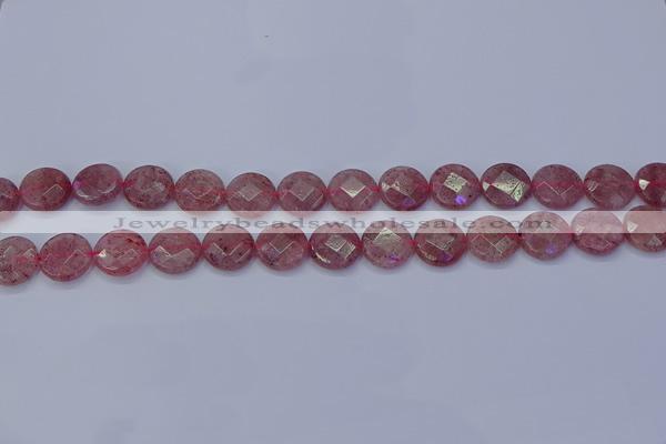 CBQ459 15.5 inches 10mm faceted coin strawberry quartz beads