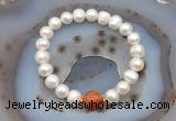 CFB1017 9mm - 10mm potato white freshwater pearl & fire agate stretchy bracelet
