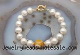 CFB1037 Hand-knotted 9mm - 10mm potato white freshwater pearl & yellow banded agate bracelet