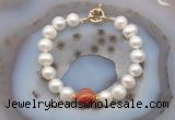 CFB1039 Hand-knotted 9mm - 10mm potato white freshwater pearl & red banded agate bracelet