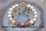 CFB1052 Hand-knotted 9mm - 10mm potato white freshwater pearl & rhodonite bracelet