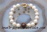 CFB1059 Hand-knotted 9mm - 10mm potato white freshwater pearl & mahogany obsidian bracelet