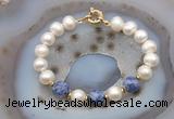 CFB1063 Hand-knotted 9mm - 10mm potato white freshwater pearl & blue spot stone bracelet