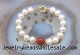 CFB1078 Hand-knotted 9mm - 10mm potato white freshwater pearl & red agate bracelet