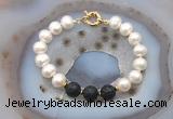 CFB1080 Hand-knotted 9mm - 10mm potato white freshwater pearl & black lava bracelet