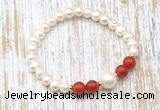 CFB608 6-7mm potato white freshwater pearl & red agate stretchy bracelet