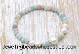 CFB708 faceted rondelle amazonite & potato white freshwater pearl stretchy bracelet