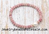 CFB727 faceted rondelle pink wooden jasper & potato white freshwater pearl stretchy bracelet
