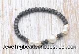 CFB753 faceted rondelle black labradorite & potato white freshwater pearl stretchy bracelet