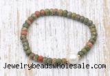 CFB757 faceted rondelle unakite & potato white freshwater pearl stretchy bracelet