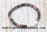 CFB764 faceted rondelle rhodonite & potato white freshwater pearl stretchy bracelet