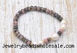 CFB765 faceted rondelle rhodonite & potato white freshwater pearl stretchy bracelet