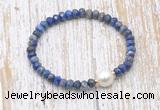 CFB772 faceted rondelle lapis lazuli & potato white freshwater pearl stretchy bracelet