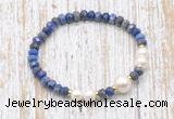 CFB774 faceted rondelle lapis lazuli & potato white freshwater pearl stretchy bracelet