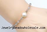 CFB803 4mm faceted round rainbow moonstone & potato white freshwater pearl bracelet