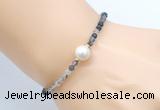CFB811 4mm faceted round black rutilated quartz & potato white freshwater pearl bracelet