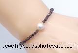 CFB814 4mm faceted round garnet & potato white freshwater pearl bracelet